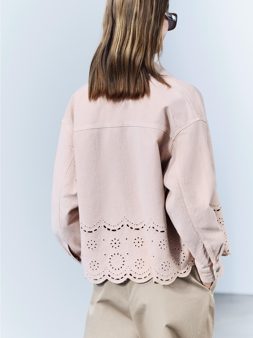 Zara Blush Pink Eyelet-Hem Denim Jean Jacket M L XL - Picture 15 of 16